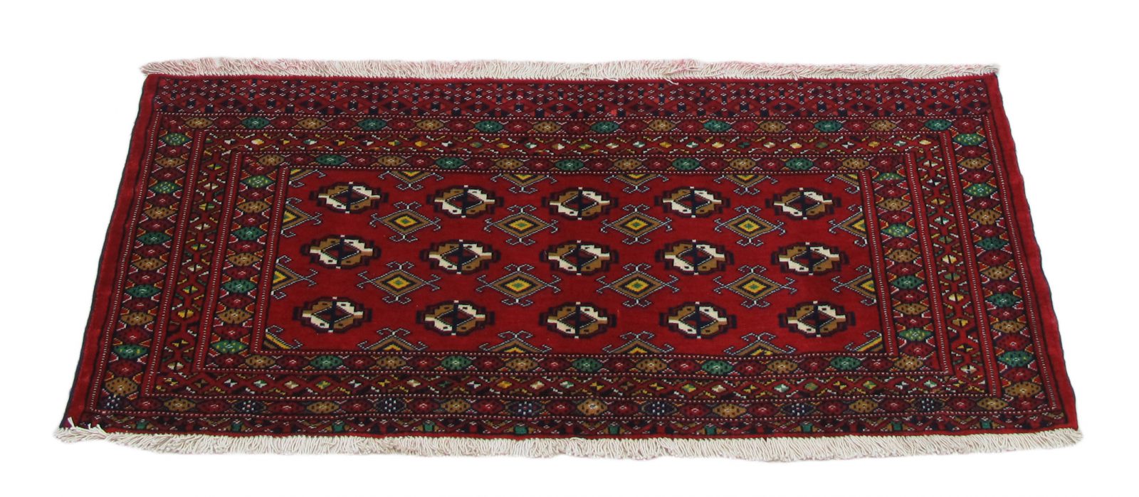 فرش دستباف ترکمن طرح گنبدي سایز پشتي رنگ زمینه لاكي رنگ حاشیه لاكي کد ۴۱۶۶۷ سایز ۱٫۲۴ در X 0.5