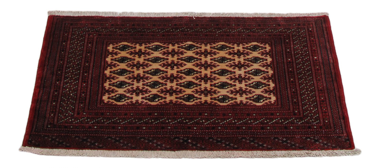 فرش دستباف ترکمن طرح سراسر سایز پشتي رنگ زمینه لاكي رنگ حاشیه لاكي کد ۴۱۶۶۸ سایز ۱٫۰۹ در X 0.5
