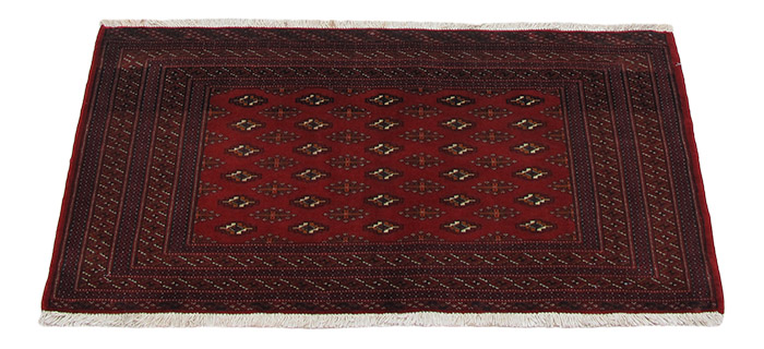 فرش دستباف ترکمن طرح قابي سایز پشتي رنگ زمینه لاكي رنگ حاشیه لاكي کد ۴۱۶۸۰ سایز ۱٫۲۹ در X 0.7
