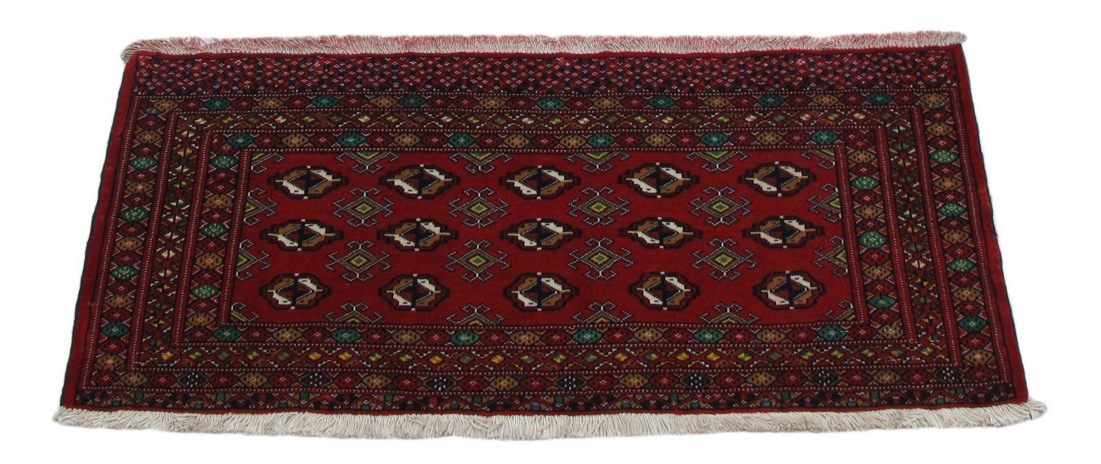 فرش دستباف ترکمن طرح قابي سایز پشتي رنگ زمینه لاكي رنگ حاشیه لاكي کد ۴۱۶۸۱ سایز ۱٫۲۳ در X 0.6
