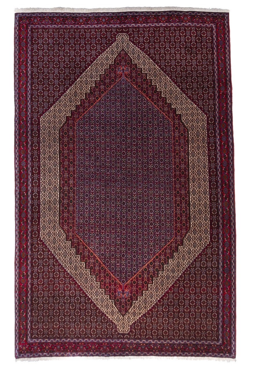 فرش دستباف سنندج طرح لچک و ترنج سایز قالي رنگ زمینه كرم رنگ حاشیه لاكي کد ۴۱۲۸۸ سایز ۳٫۱۱ در X 2.25