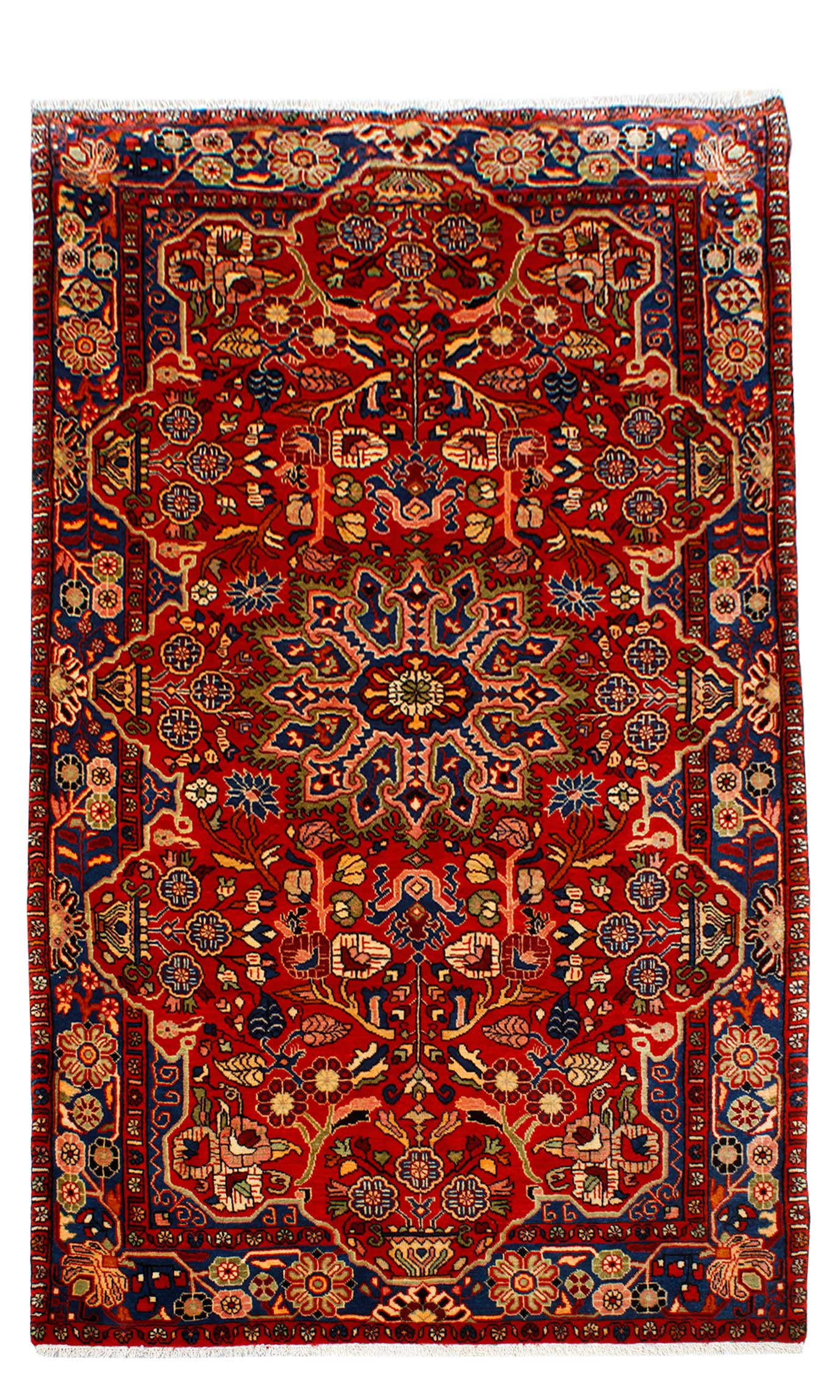 فرش دستباف نهاوند درحدنو طرح ترنجي عشوند سایز پرده اي ۲٫۵۵×۱٫۵۳ رنگ متن لاكي رنگ حاشیه آبي کد ۴۱۹۷۰