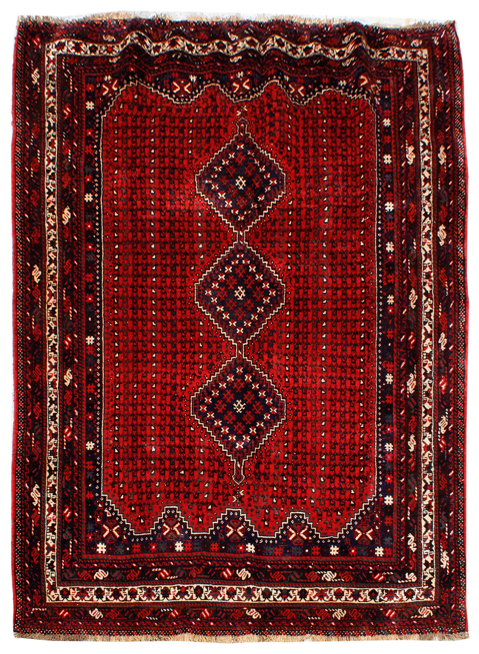 فرش دستباف شيراز طرح ۳ ترنج سایز قالي۲٫۸۶×۲٫۰۷ رنگ زمینه لاكي رنگ حاشیه كرم کد ۴۲۲۳۸
