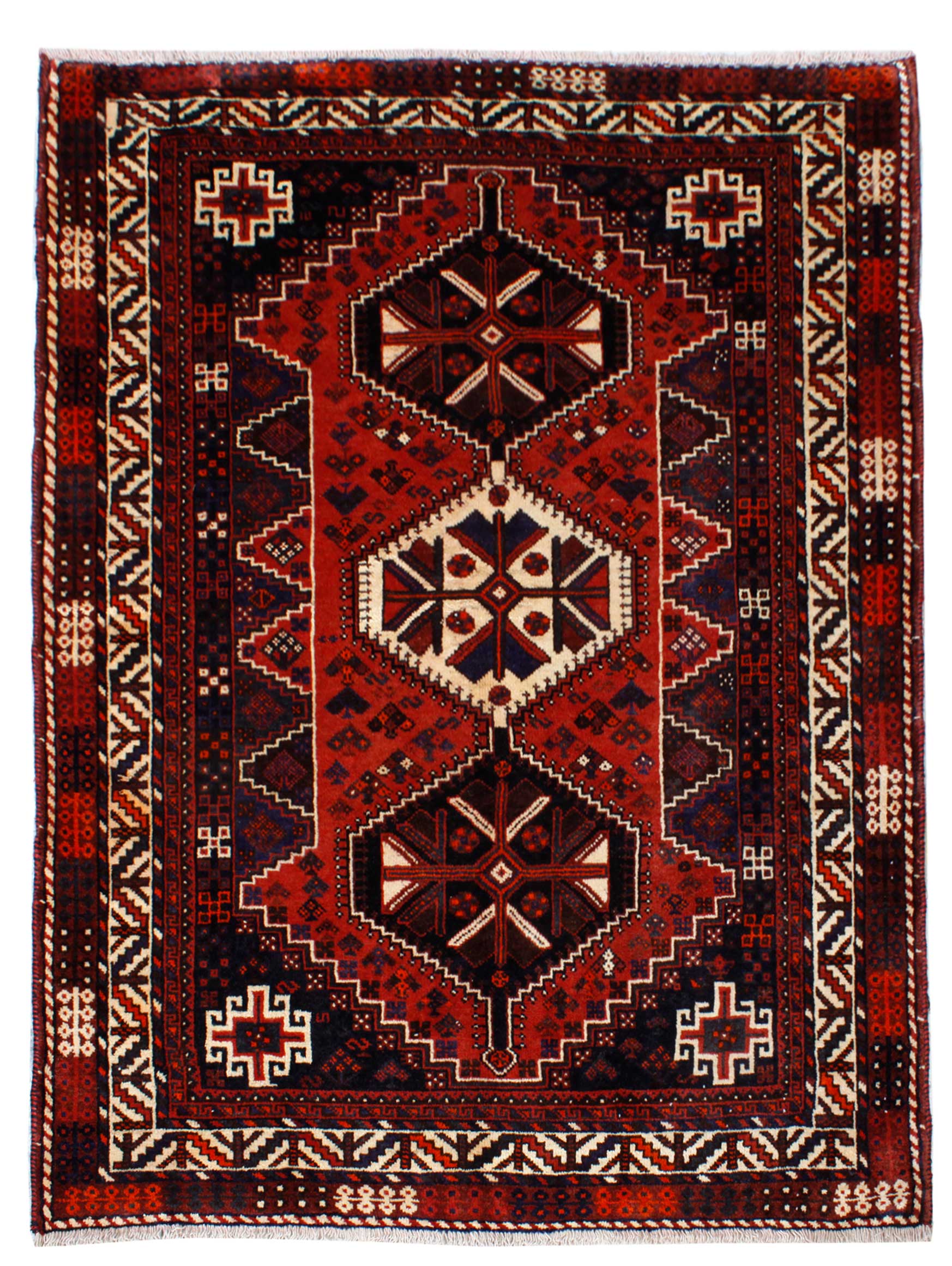 فرش دستباف شيراز طرح ۳ ترنج سایز قالي۲٫۶۸×۱٫۹ رنگ زمینه لاكي رنگ حاشیه كرم کد ۴۲۲۶۶