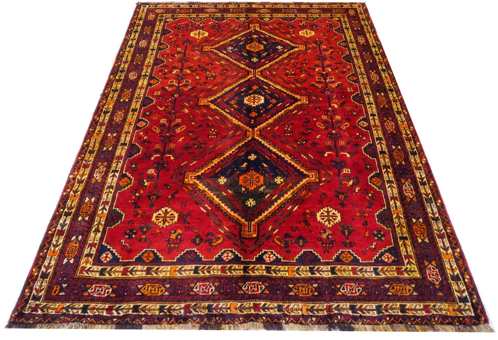 فرش دستباف شيراز طرح ۳ ترنج سایز قالي۲٫۸۷×۲٫۱۸ رنگ زمینه لاكي رنگ حاشیه سرمه اي کد ۴۲۳۱۱
