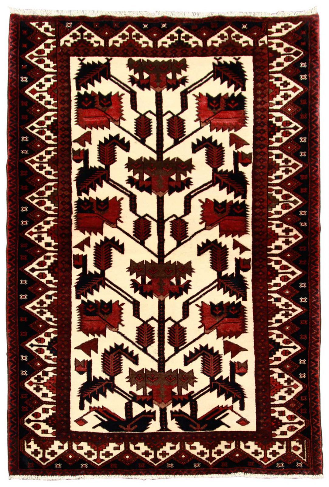 فرش دستباف حجيب ساوه طرح درختي سایز قاليچه۱٫۹۵×۱٫۲۹ رنگ زمینه كرم رنگ حاشیه كرم کد ۴۲۹۳۸