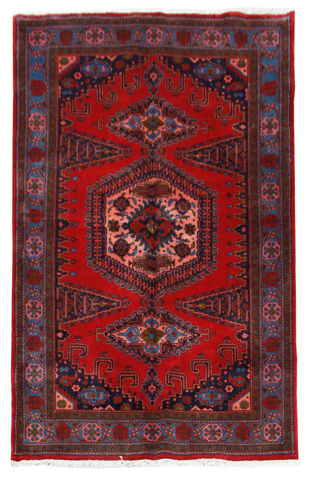 ف فرش دستباف ويس طرح لچک و ترنج سایز قالي۳٫۲۵×۲٫۰۸ رنگ زمینه لاكي رنگ حاشیه آبي کد ۴۳۰۱۵