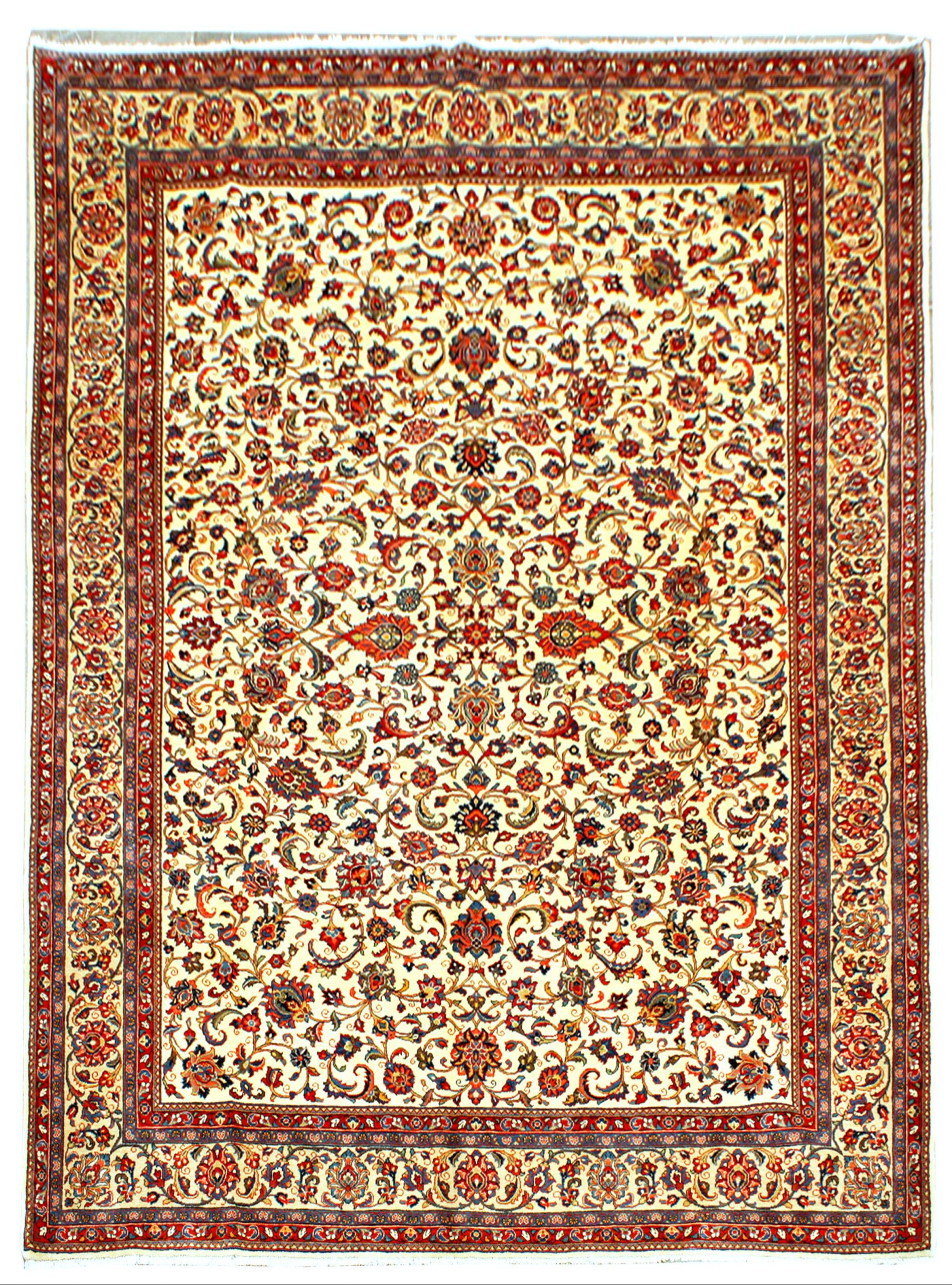 فرش دستباف آنتیک ساروق ۶۰ ساله تولید شرکت فرش طرح افشان سایز قالي۳٫۶×۲٫۶۷ رنگ زمینه كرم رنگ حاشیه بژ / خاکي کد ۴۳۰۴۹
