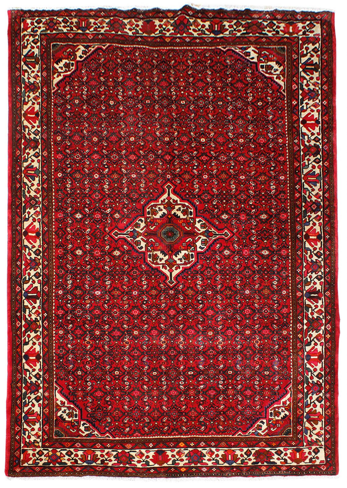 فرش دستباف حسين آباد همدان طرح لچک و ترنج سایز قالي۳٫۰۶×۲٫۱۴ رنگ زمینه لاكي رنگ حاشیه كرم کد ۴۳۱۰۲