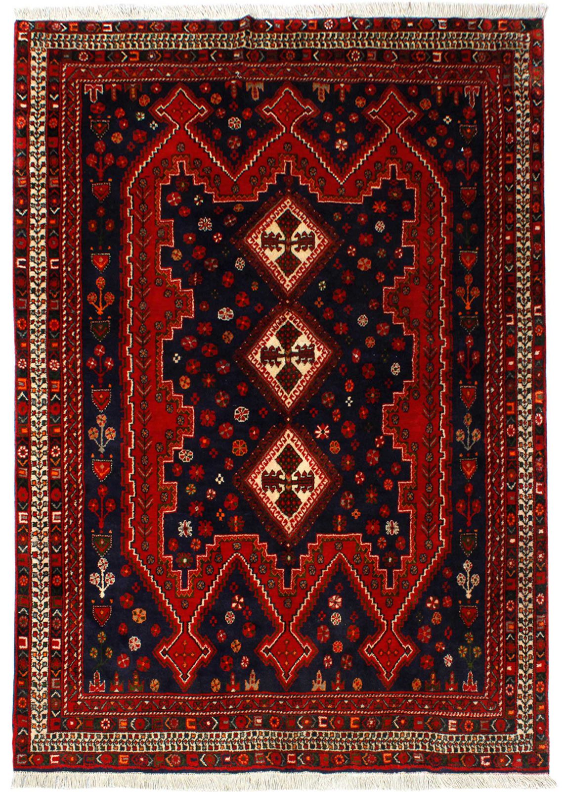 فرش دستباف سيرجان طرح سه کله سایز پرده اي۲٫۴×۱٫۶۸ رنگ زمینه سرمه اي رنگ حاشیه كرم کد ۴۳۴۶۲