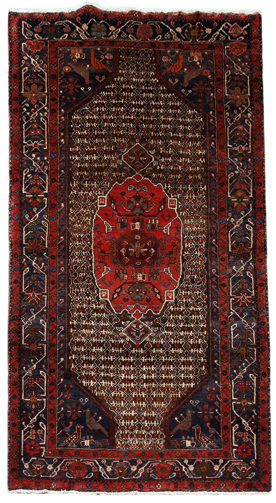 فرش دستباف سنقر طرح بندي ترنج سایز پرده اي۲٫۶۵×۱٫۴۳ رنگ زمینه شتري رنگ حاشیه سرمه اي کد ۴۳۴۸۵