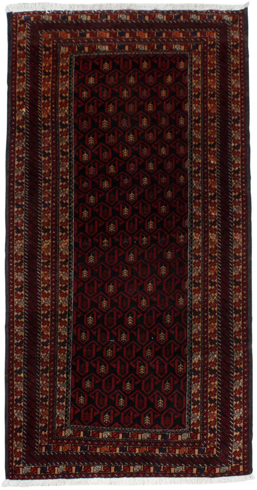 فرش دستباف بلوچ طرح بته سایز قاليچه۲٫۲۴×۱٫۱ رنگ زمینه سرمه اي رنگ حاشیه لاكي کد ۴۳۵۳۱