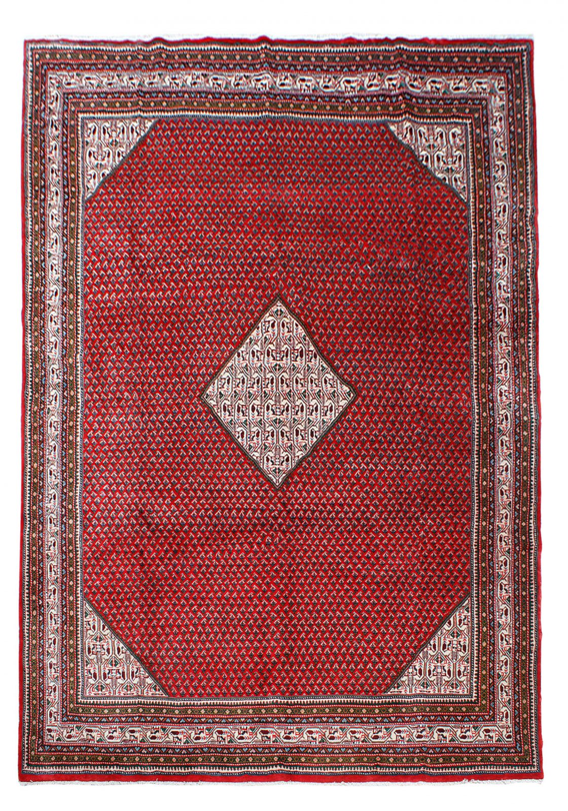فرش دستباف ساروق مير طرح بته ترنج سایز قالي۳٫۶۵×۲٫۶ رنگ زمینه لاكي رنگ حاشیه كرم کد ۴۳۸۴۱