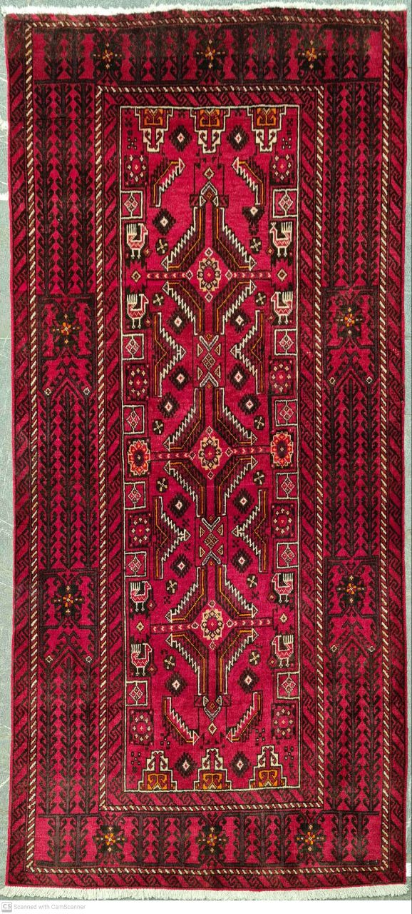 فرش دستباف بلوچ طرح سالار خاني سایز قاليچه۲×۱ رنگ زمینه لاكي رنگ حاشیه لاكي کد ۴۳۴۳۸