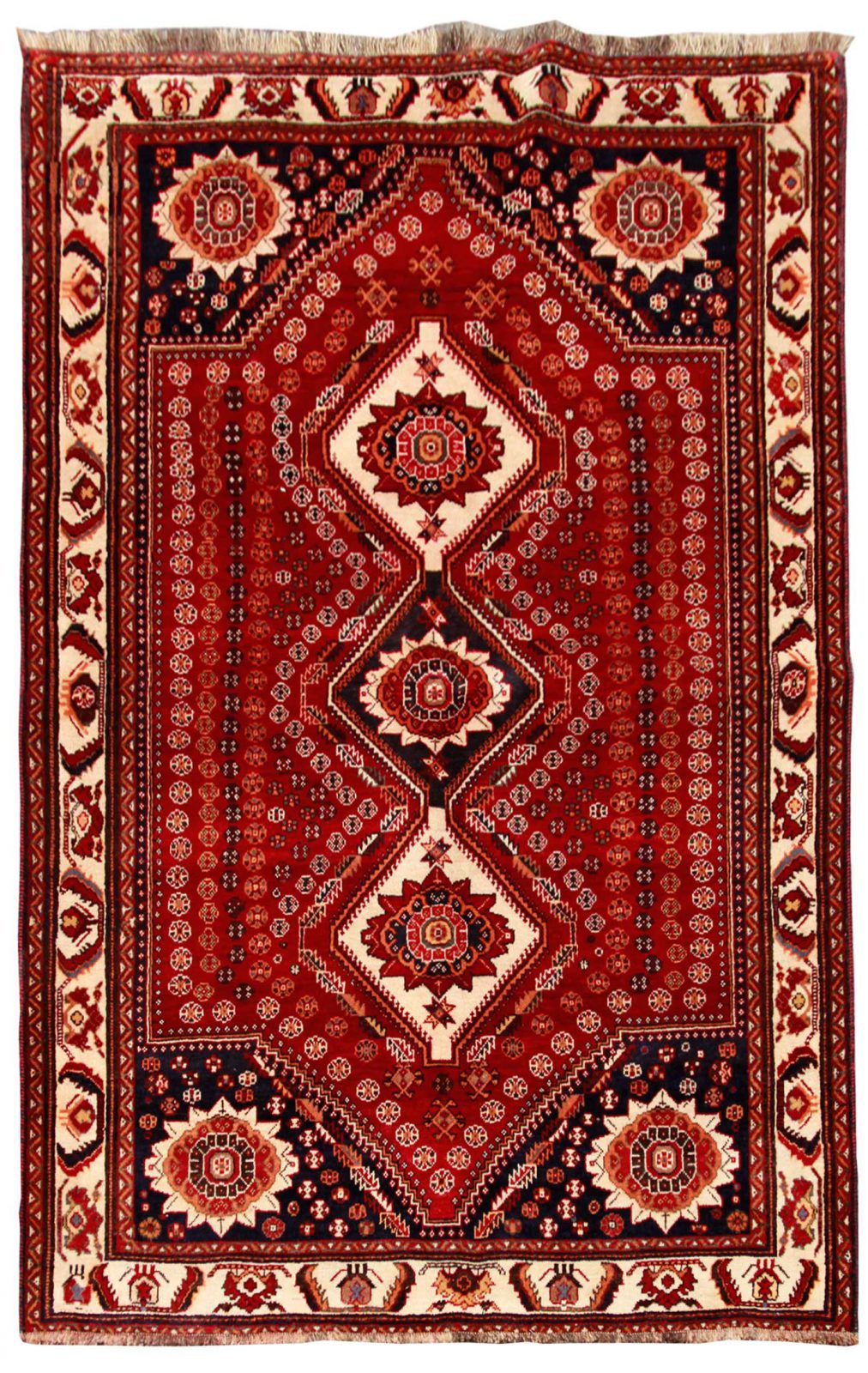 فرش دستباف شيراز طرح ۳ ترنج سایز پرده اي۲٫۵×۱٫۵۵ رنگ زمینه لاكي رنگ حاشیه كرم کد ۴۴۵۴۶
