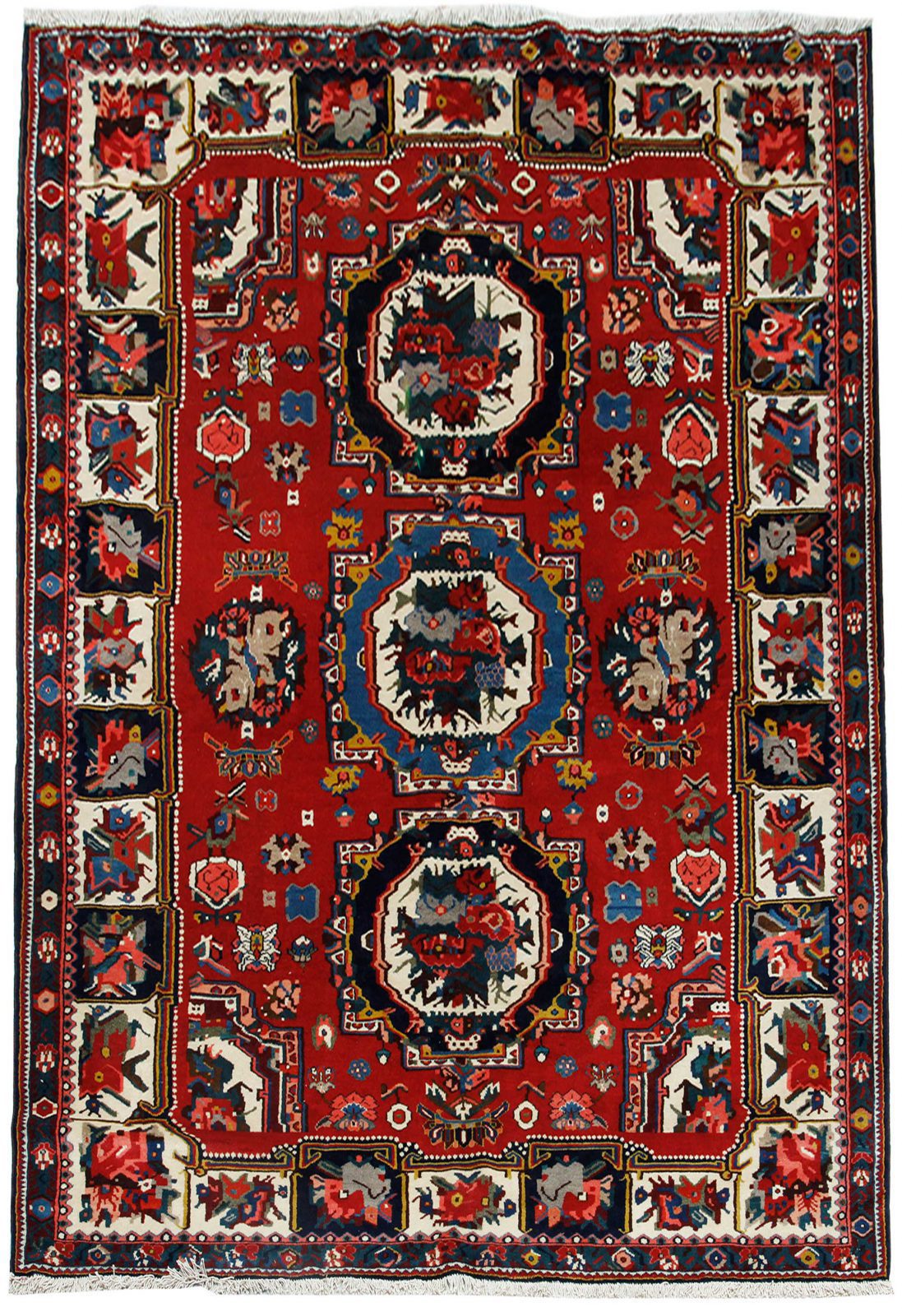 فرش دستباف بختيار فرادنبه درحدنو طرح ۳ ترنج سایز قالي۳٫۱×۲٫۱ رنگ زمینه لاكي رنگ حاشیه الوان کد ۴۴۵۴۹