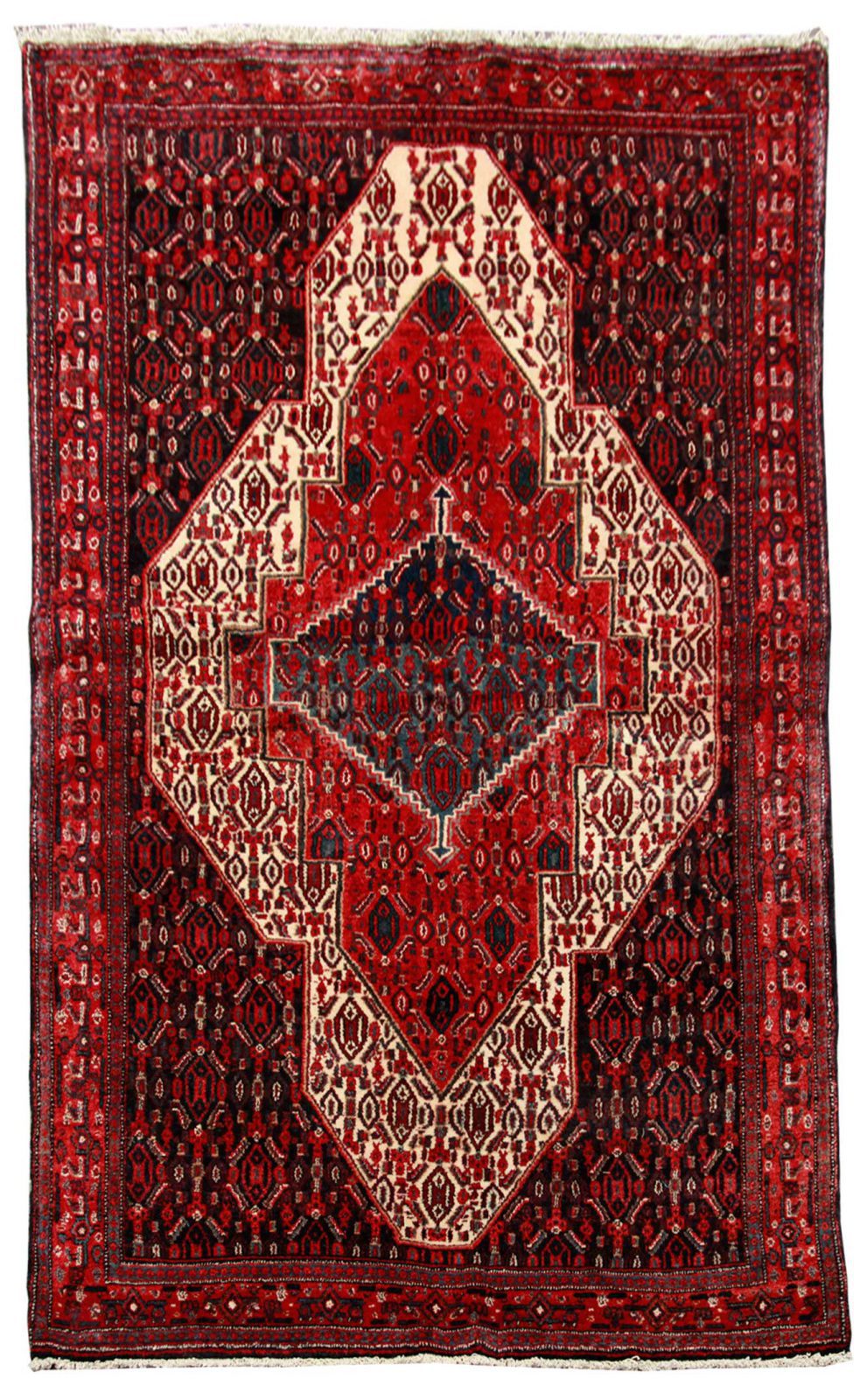 فرش دستباف سنندج طرح لچک و ترنج سایز قاليچه۲٫۵۳×۱٫۴۵ رنگ زمینه كرم رنگ حاشیه لاكي کد ۴۴۶۸۷