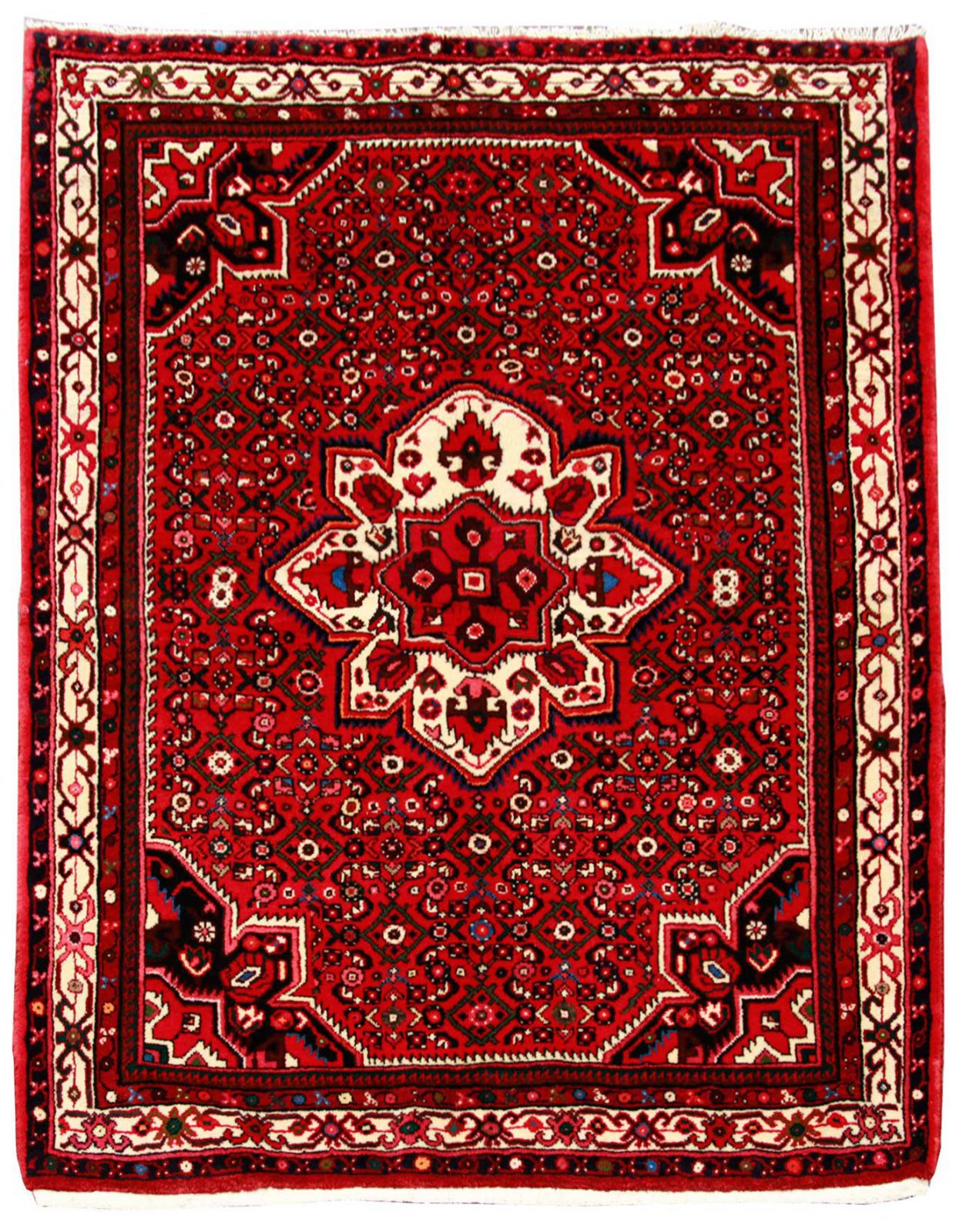 فرش دستباف حسين آباد درحدنو طرح لچک و ترنج سایز قاليچه۲٫۰۲×۱٫۵۶ رنگ زمینه لاكي رنگ حاشیه كرم کد ۴۴۷۲۷