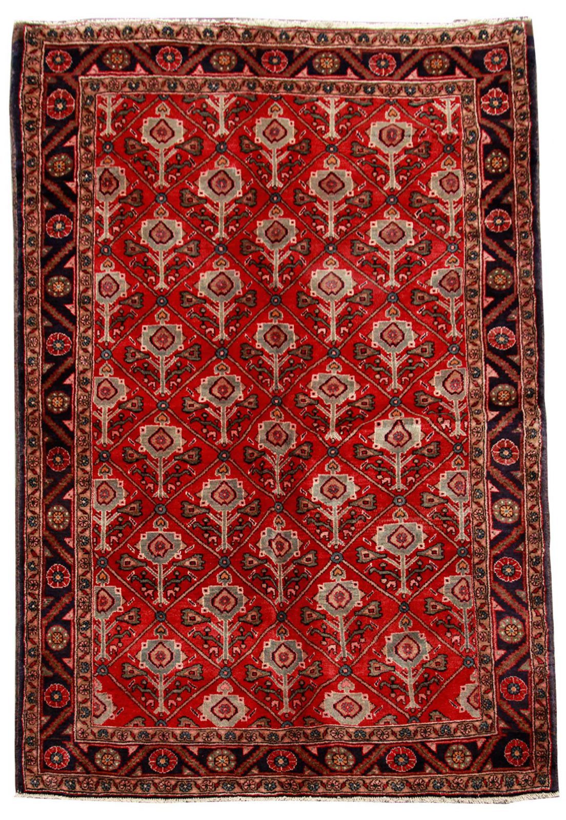 فرش دستباف سنقر طرح بندي سایز پرده اي۲٫۴۳×۱٫۵۶ رنگ زمینه لاكي رنگ حاشیه سرمه اي کد ۴۴۸۴۵