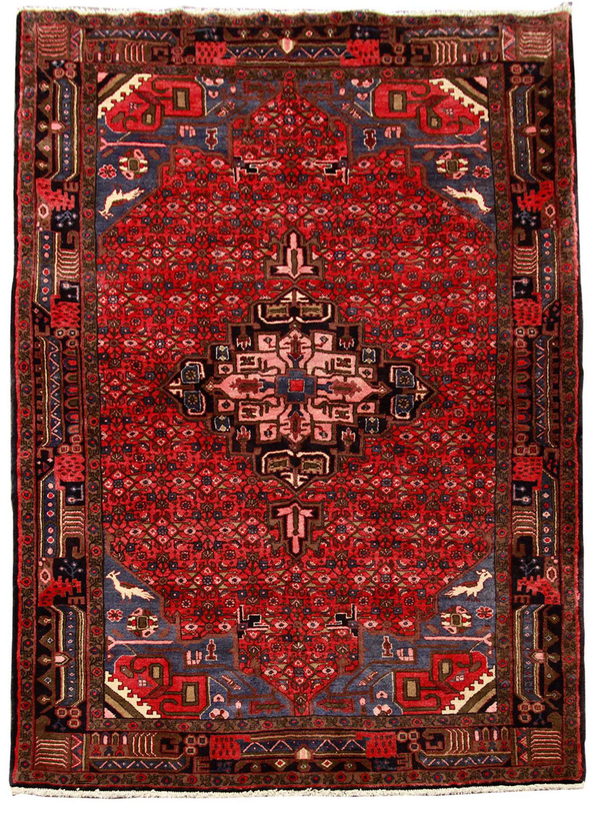 فرش دستباف حسين آباد سنقر طرح ترنجي ماهي سایز پرده اي۲٫۴۲×۱٫۶۳ رنگ زمینه لاكي رنگ حاشیه سرمه اي کد ۴۴۹۰۴