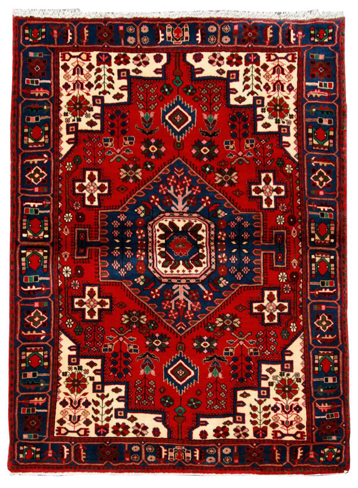فرش دستباف گرگ حيدر نهاوند طرح لچک و ترنج سایز قاليچه۱٫۹۸×۱٫۴۵ رنگ زمینه لاكي رنگ حاشیه آبي کد ۴۴۹۶۳