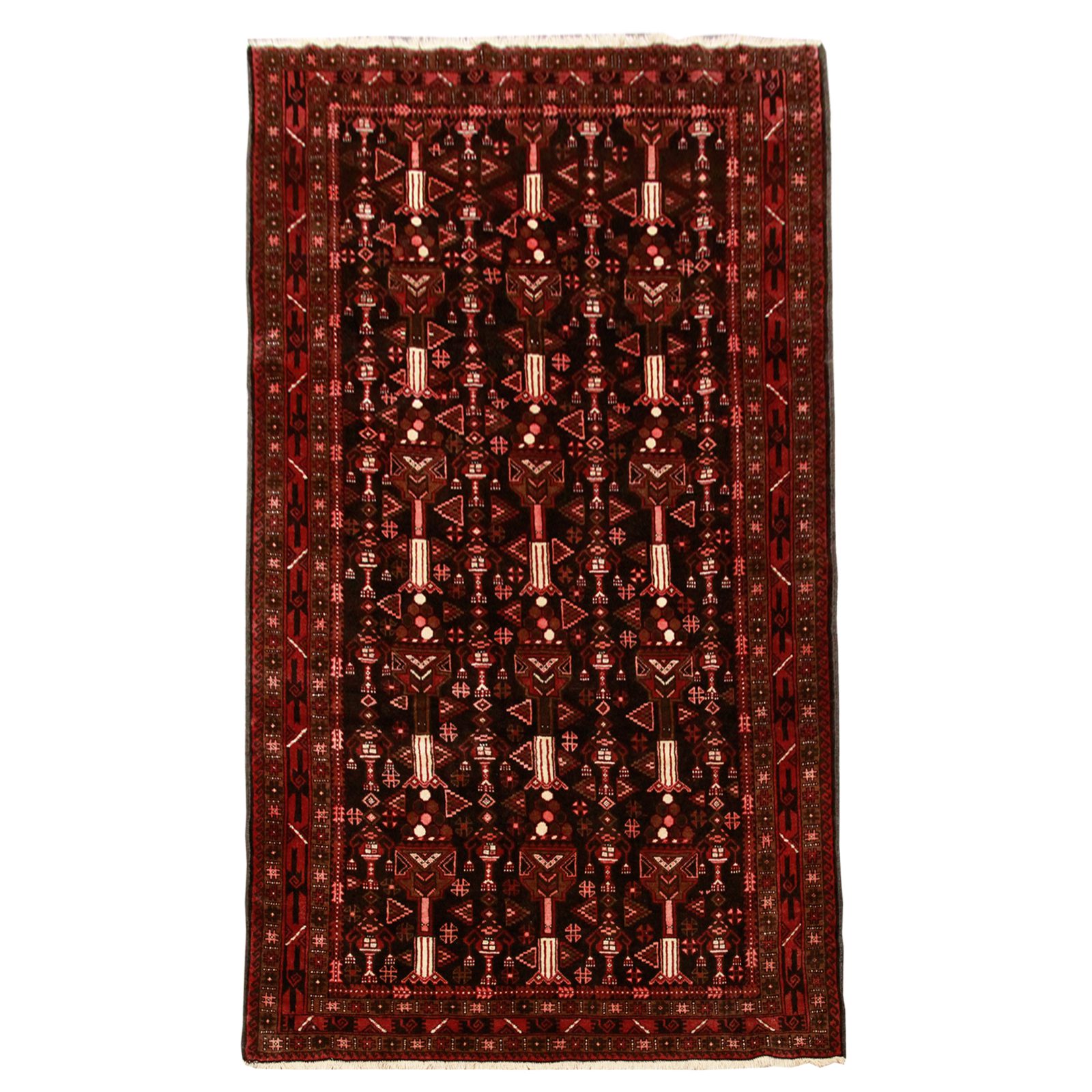 فرش دستباف بلوچ طرح گلداني سایز ميانه۳٫۰۴×۱٫۴۵ رنگ زمینه سرمه اي رنگ حاشیه لاكي کد ۴۵۳۱۶