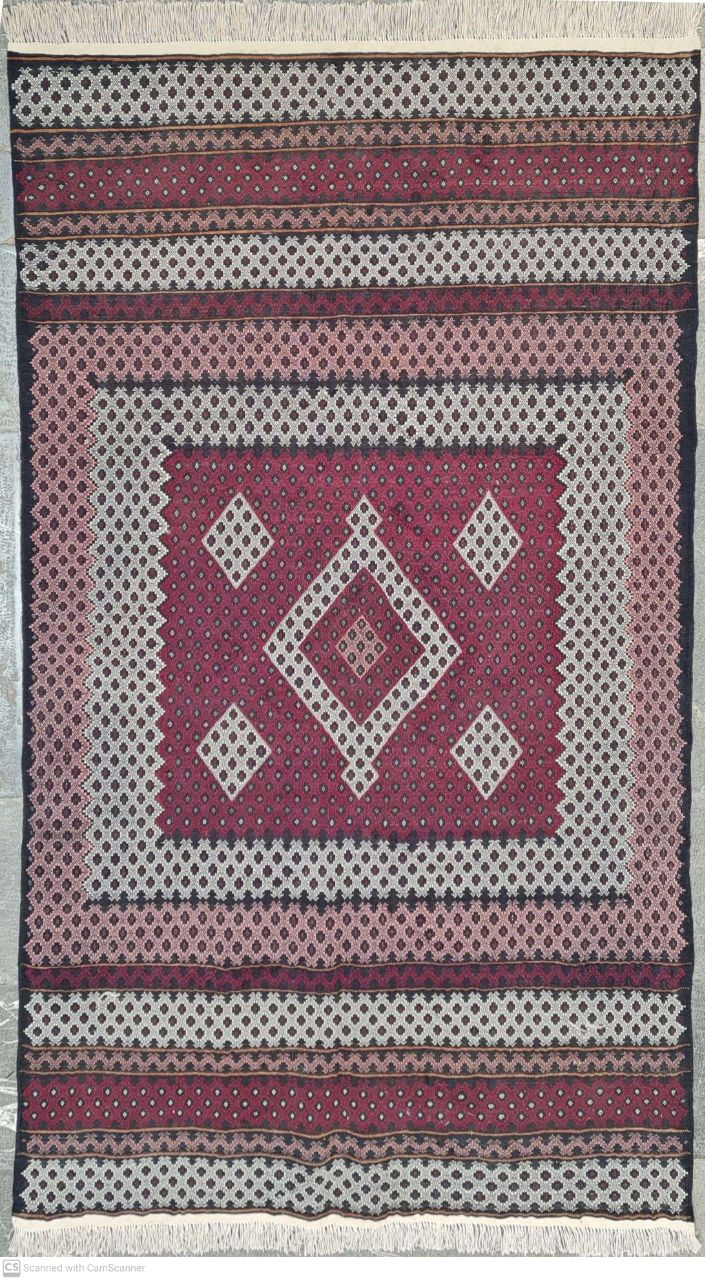گليم بلوچ طرح لچک و ترنج سایز قاليچه ۱٫۹۱×۱٫۱۸ رنگ زمینه لاكي رنگ حاشیه كرم کد ۴۵۳۱۱