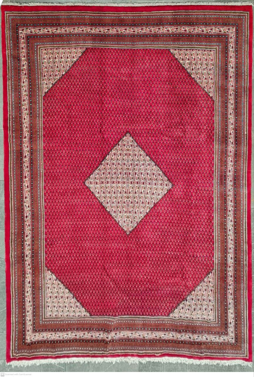 فرش دستباف ساروق میر طرح بته ترنج سایز قالي۴٫۱۴×۳ رنگ زمینه لاكي رنگ حاشیه كرم کد ۴۵۲۱۰