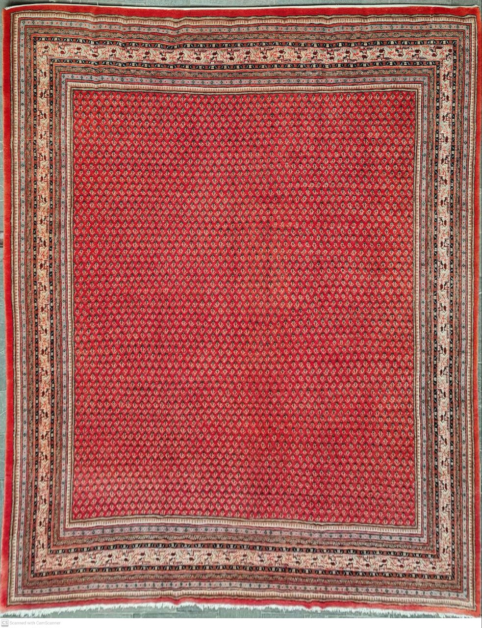 فرش دستباف ساروق مير طرح لچک و ترنج سایز قالي ۴٫۲۰×۳٫۳۰ رنگ زمینه لاكي رنگ حاشیه كرم کد ۴۵۵۰۵