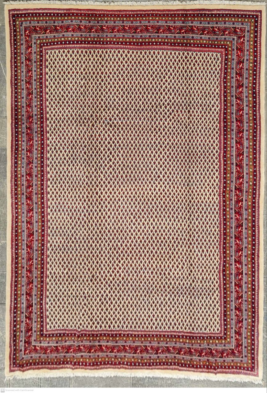 فرش دستباف ساروق مير در حد نو طرح بته مير سراسر سایز قالي ۳٫۵۶×۲٫۵۴ رنگ زمینه كرم رنگ حاشیه لاكي کد ۴۵۸۲۲